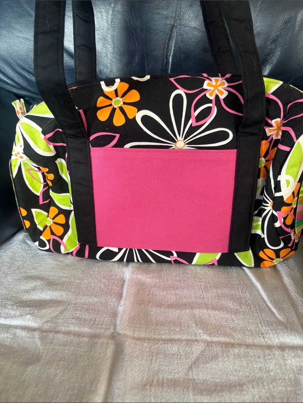 Black Floral Tote Bag with Pink Accent - Handbag with matching makeup clutch